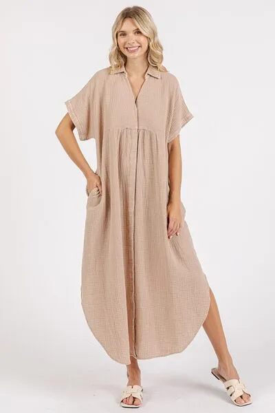 Mineral Wash Button Up Midi Shirt Dress