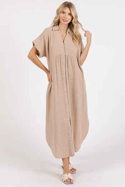 Mineral Wash Button Up Midi Shirt Dress