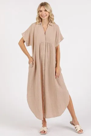 Mineral Wash Button Up Midi Shirt Dress