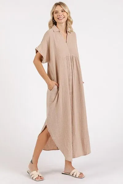 Mineral Wash Button Up Midi Shirt Dress