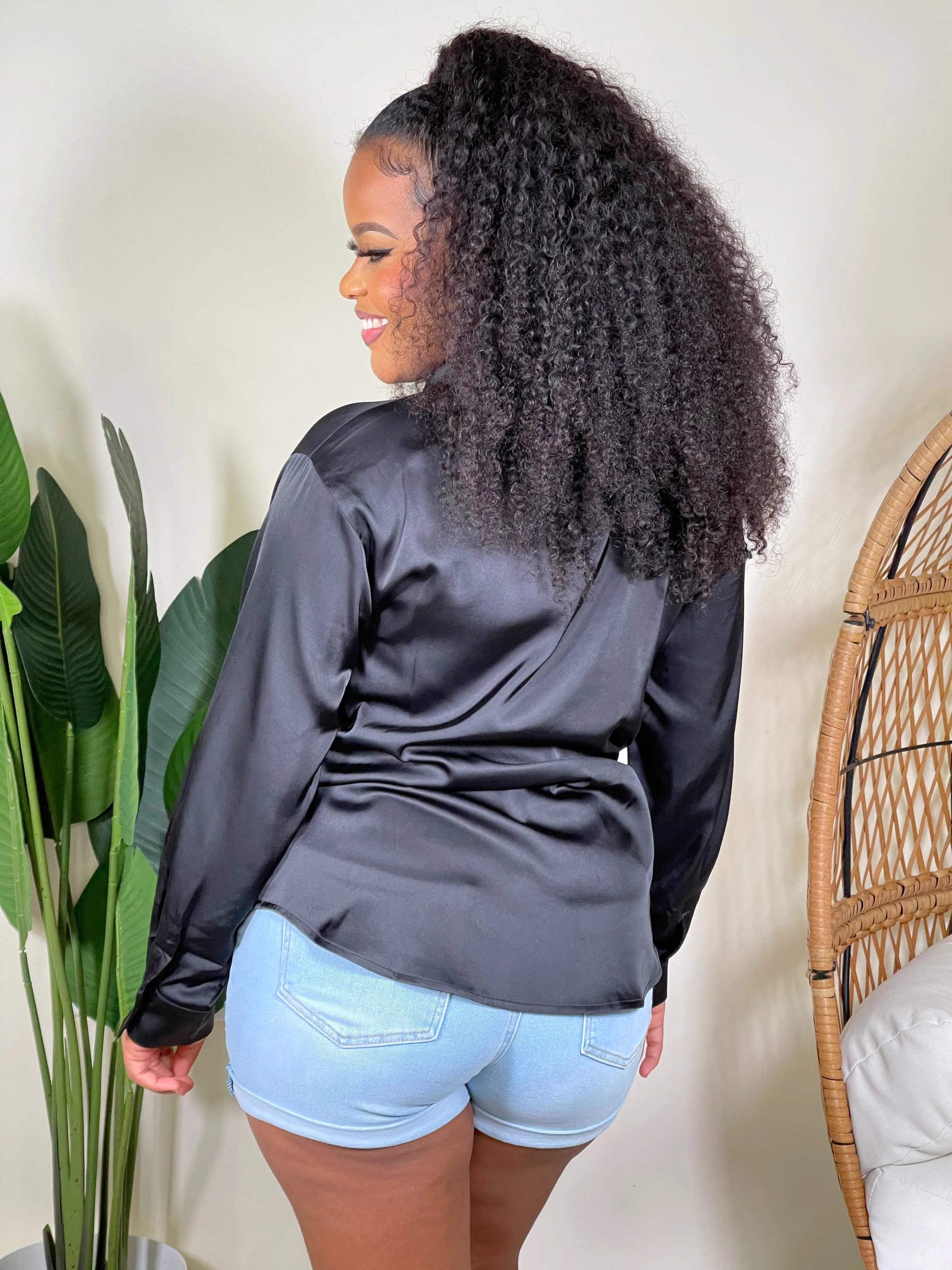 Nova Satin Button Front Shirt-Black(RESTOCKED)