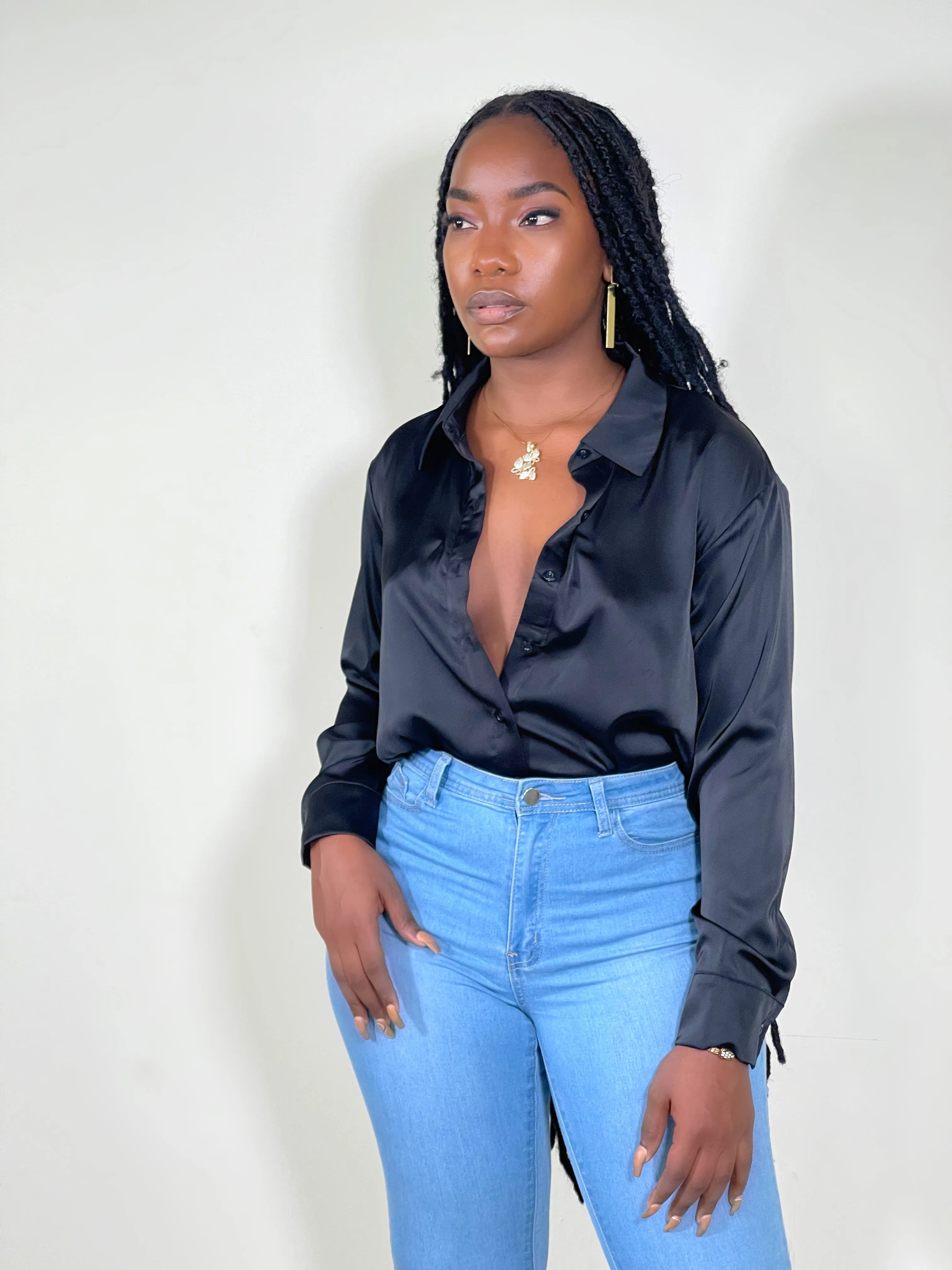 Nova Satin Button Front Shirt-Black(RESTOCKED)