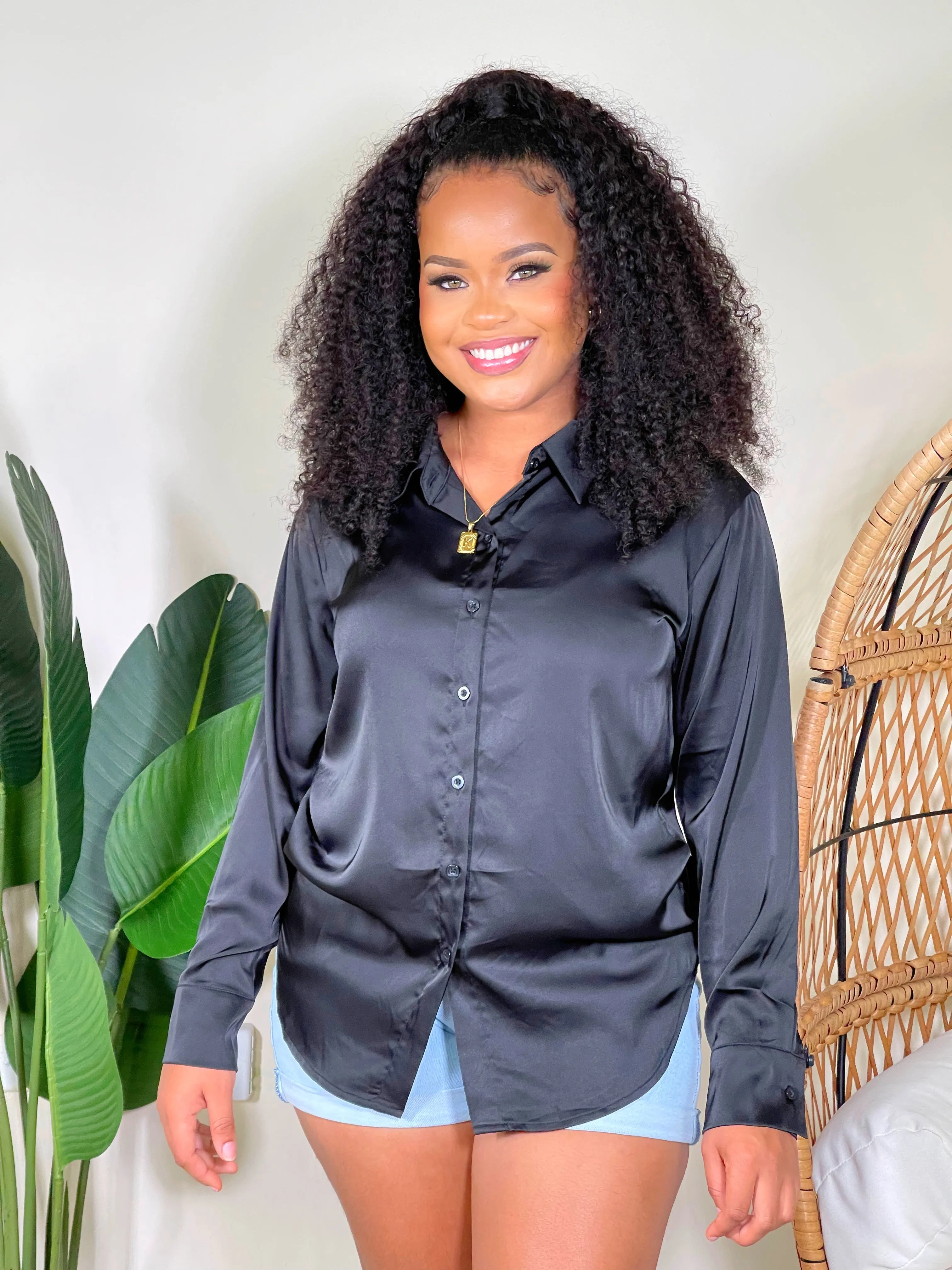 Nova Satin Button Front Shirt-Black(RESTOCKED)