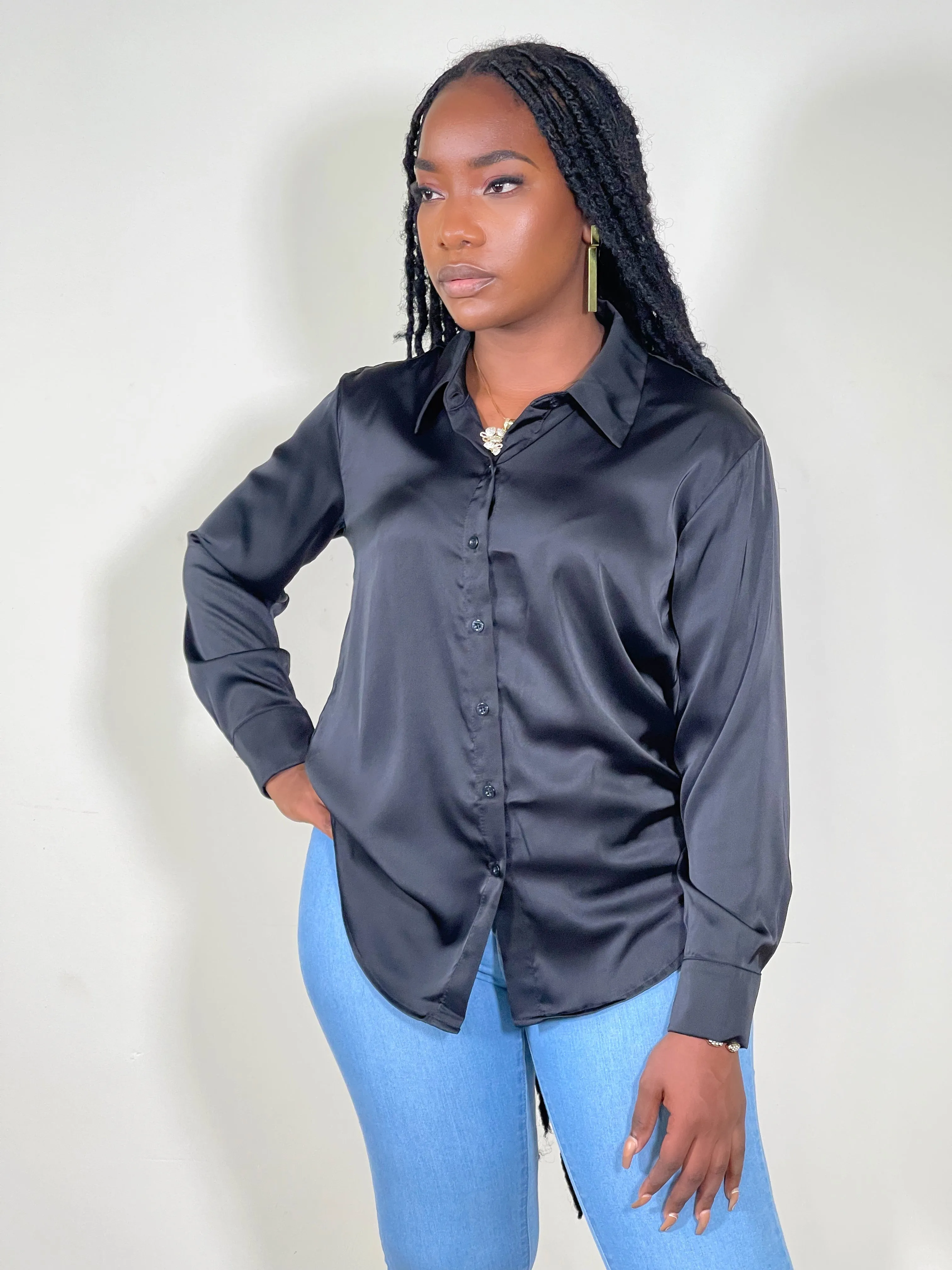 Nova Satin Button Front Shirt-Black(RESTOCKED)