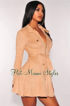 Nude Faux Suede Trench Belted Dress