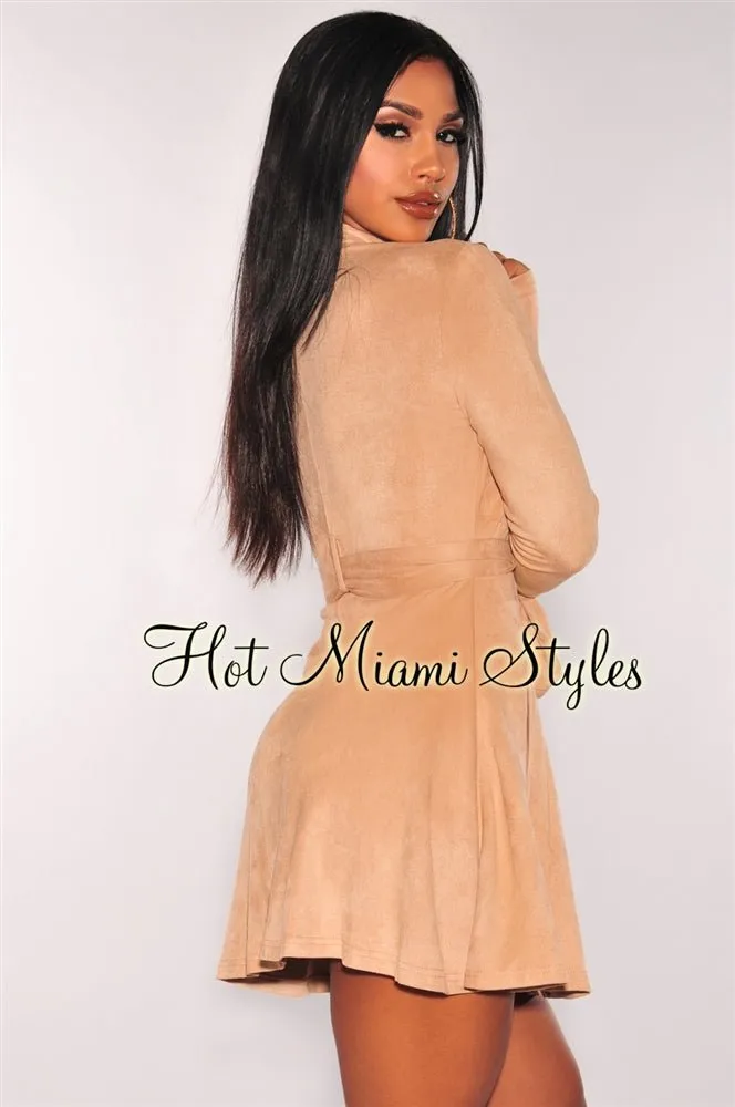 Nude Faux Suede Trench Belted Dress