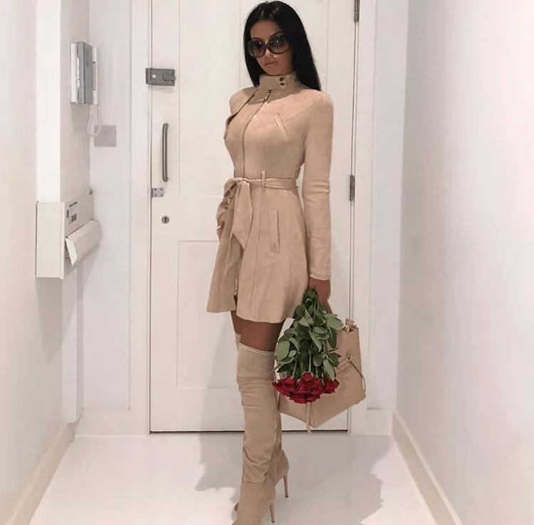 Nude Faux Suede Trench Belted Dress