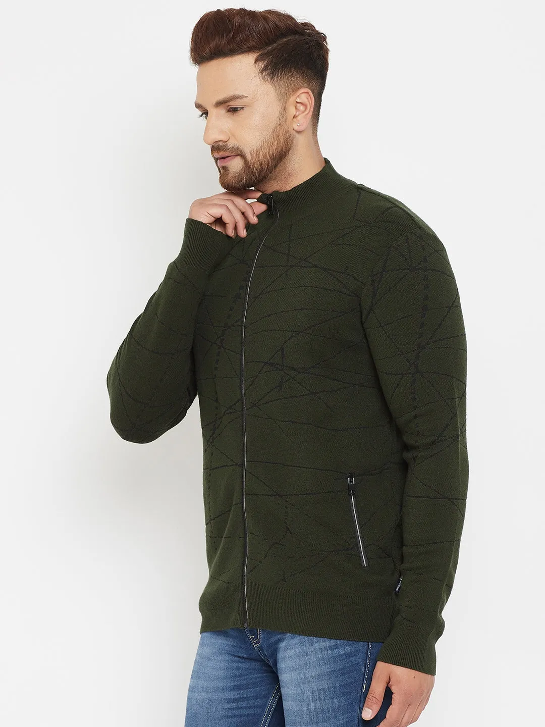 Olive Printed Zipper Sweater
