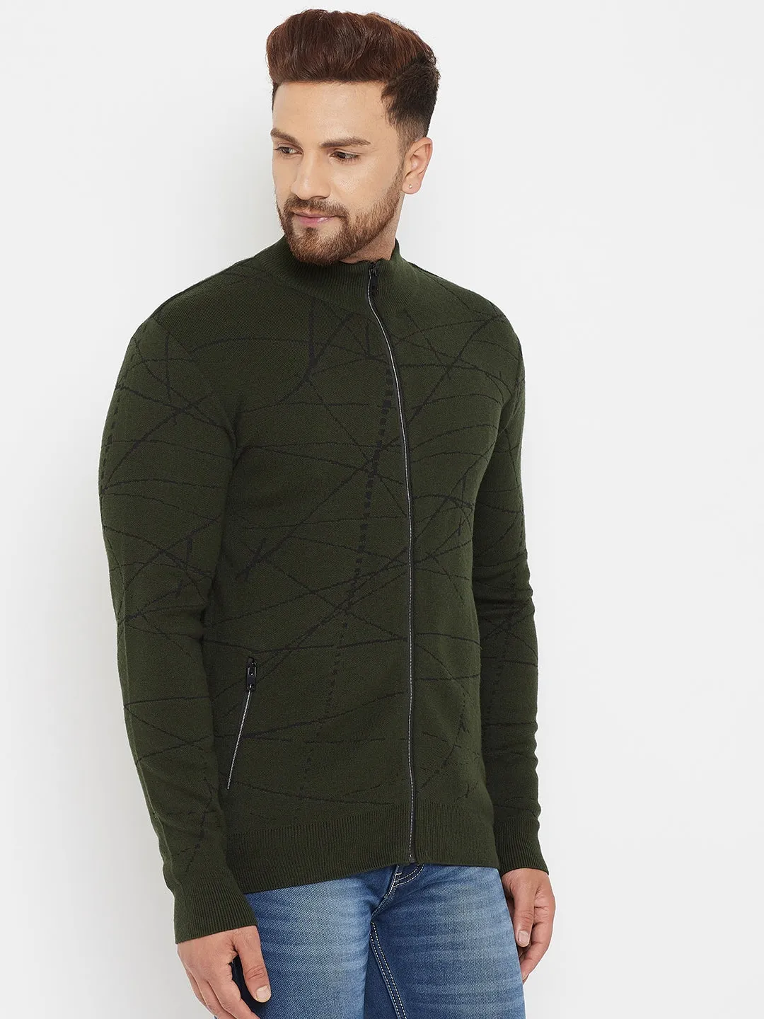 Olive Printed Zipper Sweater