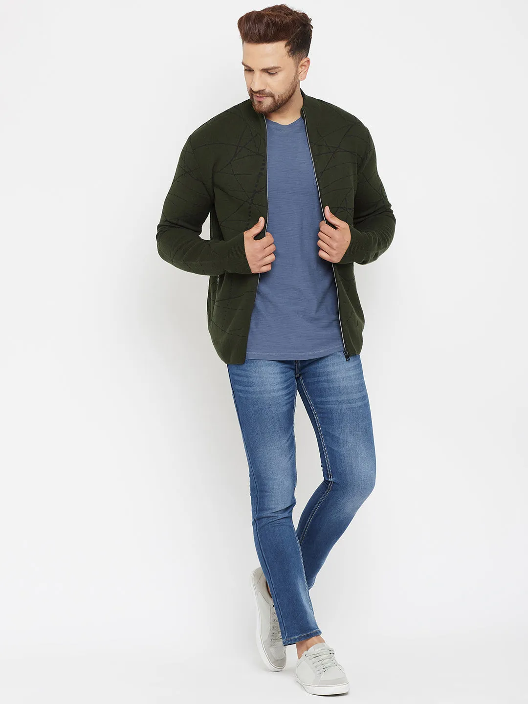 Olive Printed Zipper Sweater