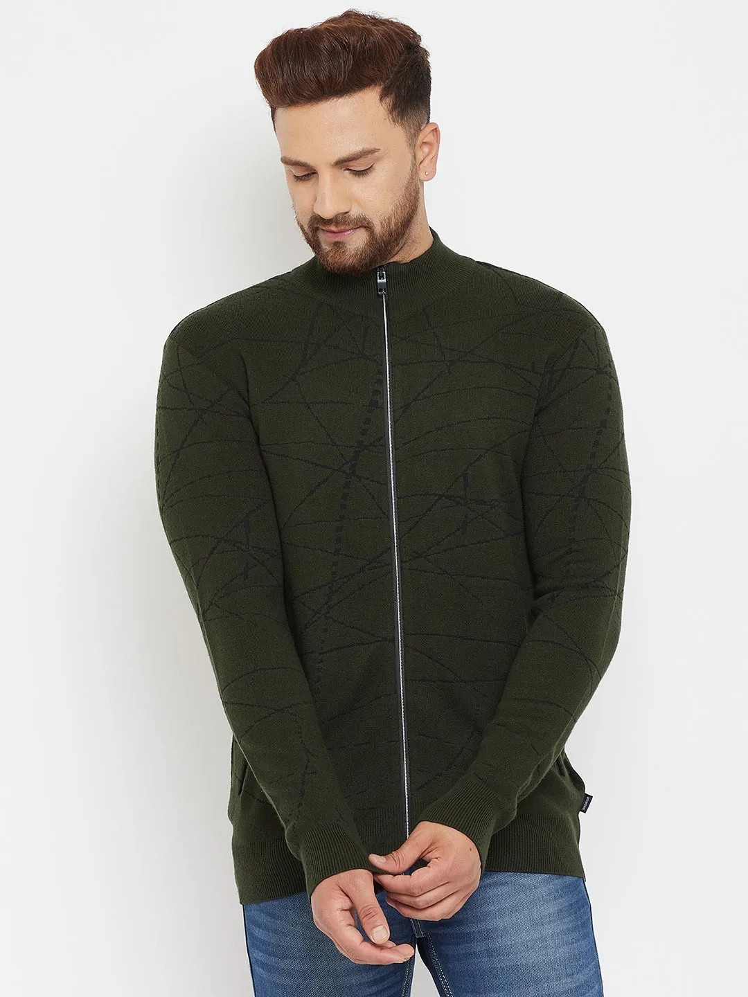 Olive Printed Zipper Sweater