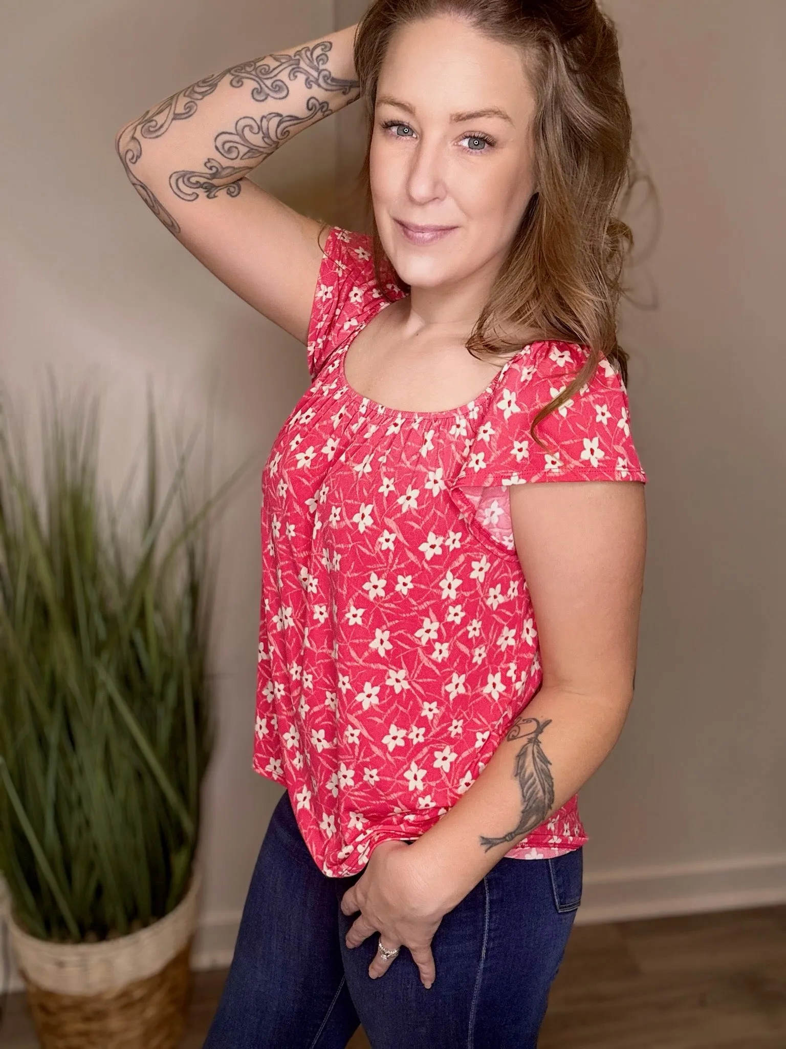 Red Floral Short Sleeve Top