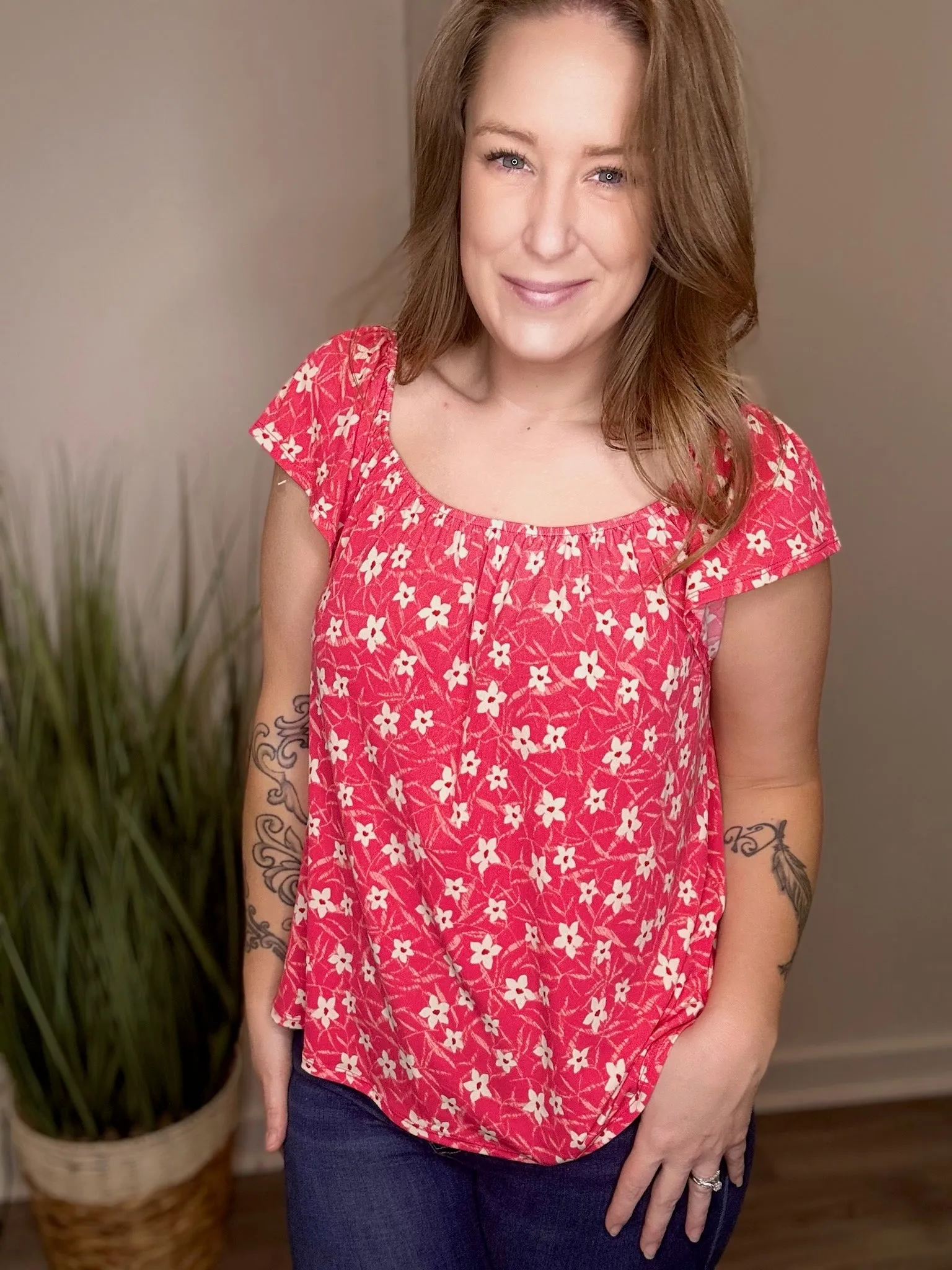 Red Floral Short Sleeve Top