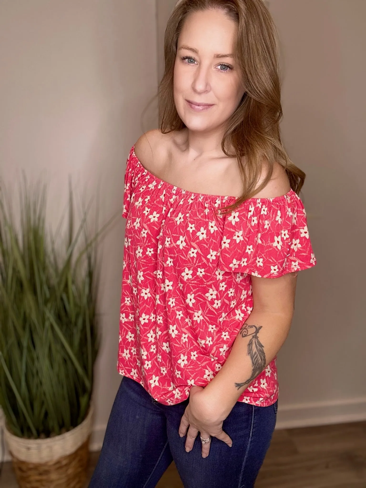 Red Floral Short Sleeve Top
