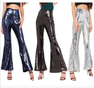 Shinning Sequins High Waist Solid Color Long Bell-bottomed Pants