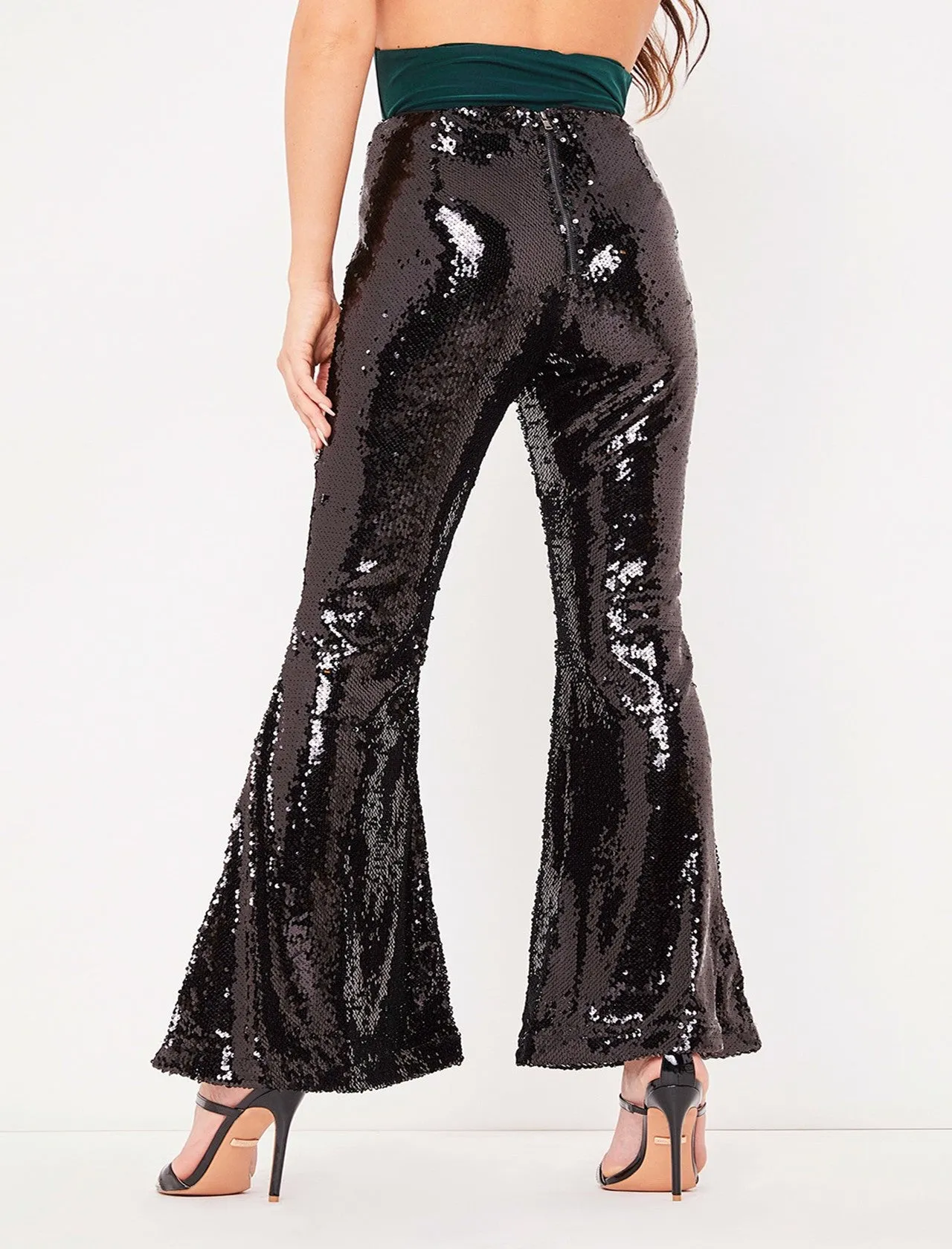 Shinning Sequins High Waist Solid Color Long Bell-bottomed Pants