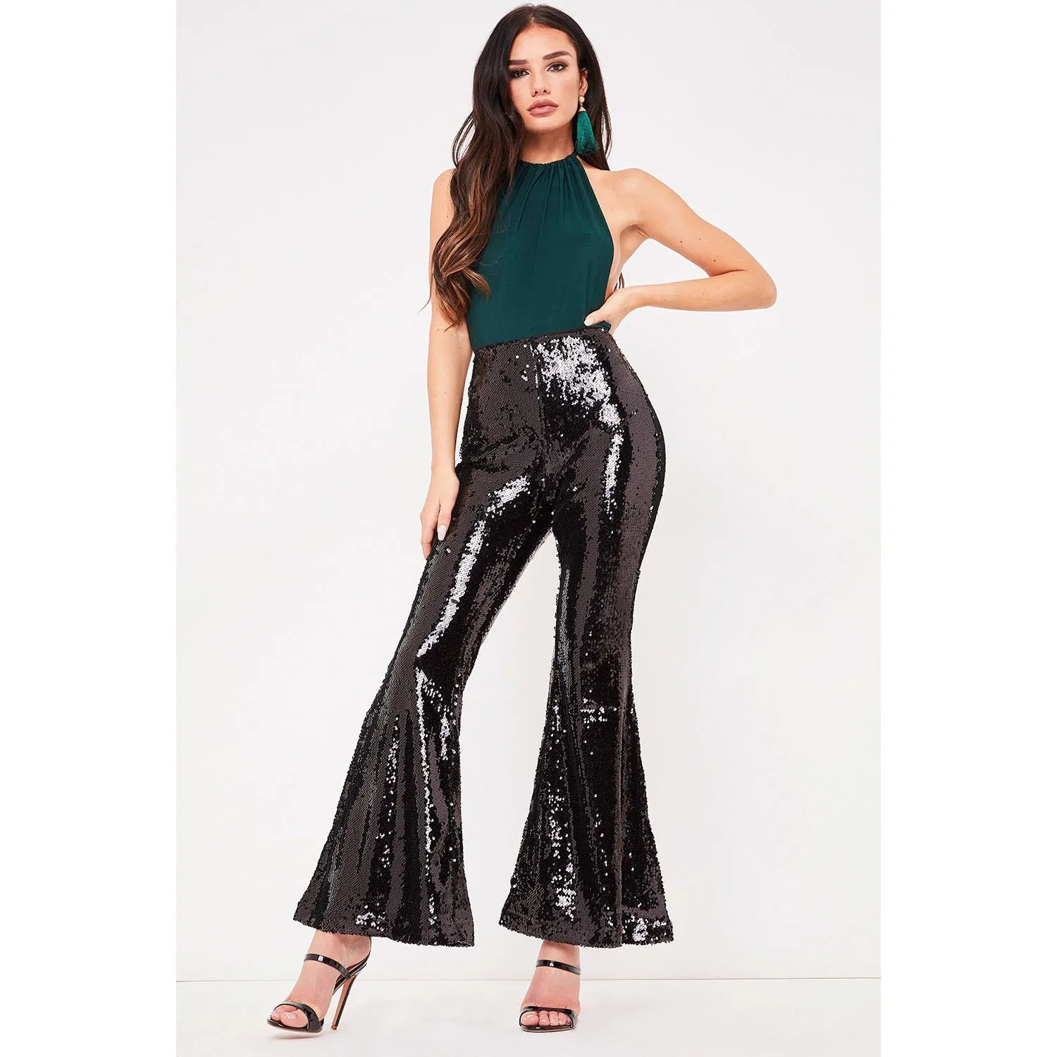 Shinning Sequins High Waist Solid Color Long Bell-bottomed Pants