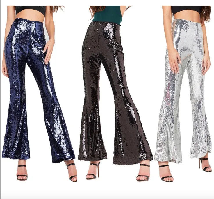 Shinning Sequins High Waist Solid Color Long Bell-bottomed Pants