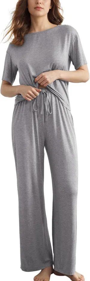Slouchy Pajamas for Women Set Short Sleeve Tops Wide Leg Pants Comfy Two Piece Sets Loungewear Sleepwear