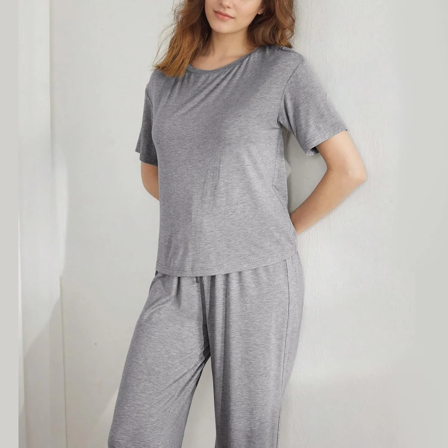 Slouchy Pajamas for Women Set Short Sleeve Tops Wide Leg Pants Comfy Two Piece Sets Loungewear Sleepwear