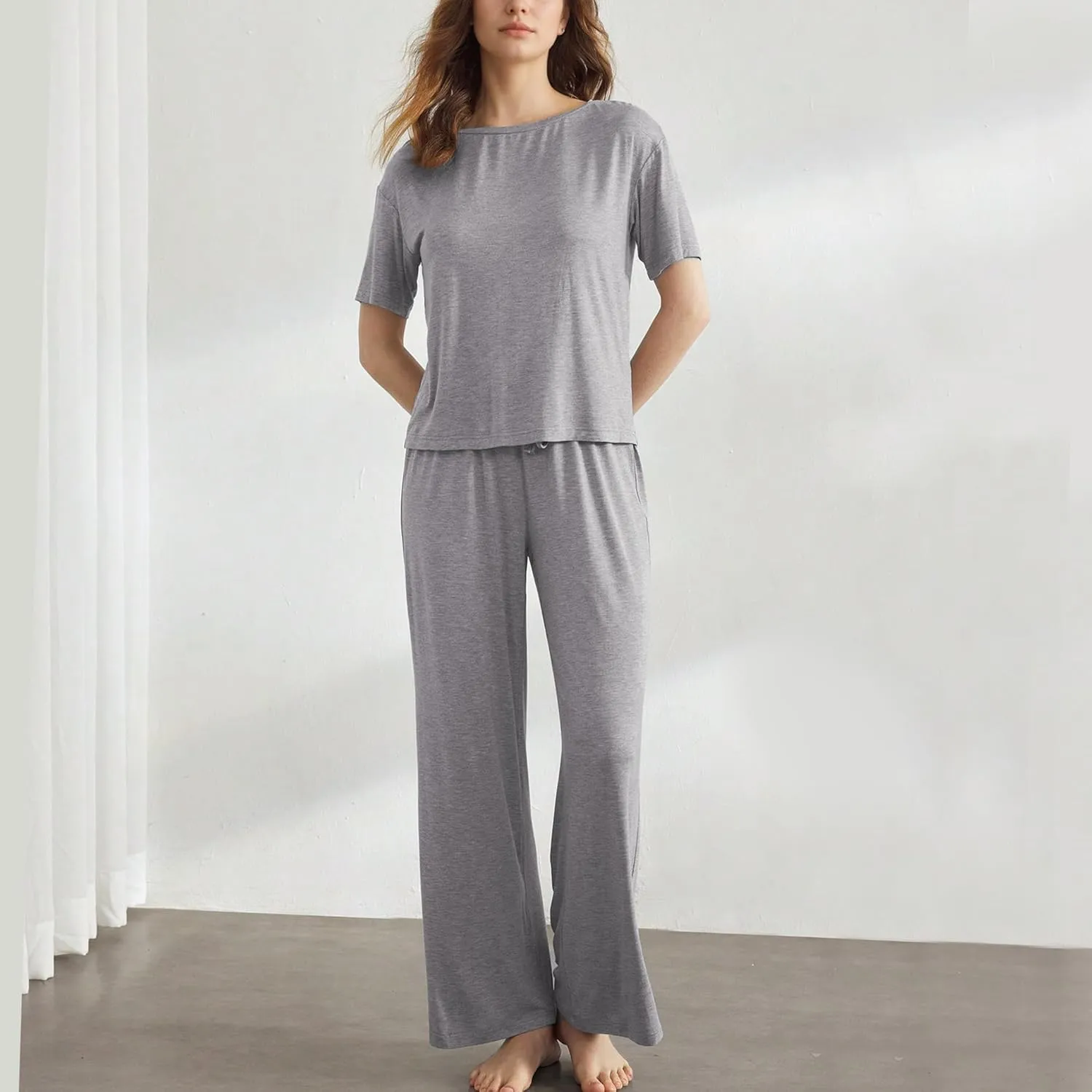 Slouchy Pajamas for Women Set Short Sleeve Tops Wide Leg Pants Comfy Two Piece Sets Loungewear Sleepwear