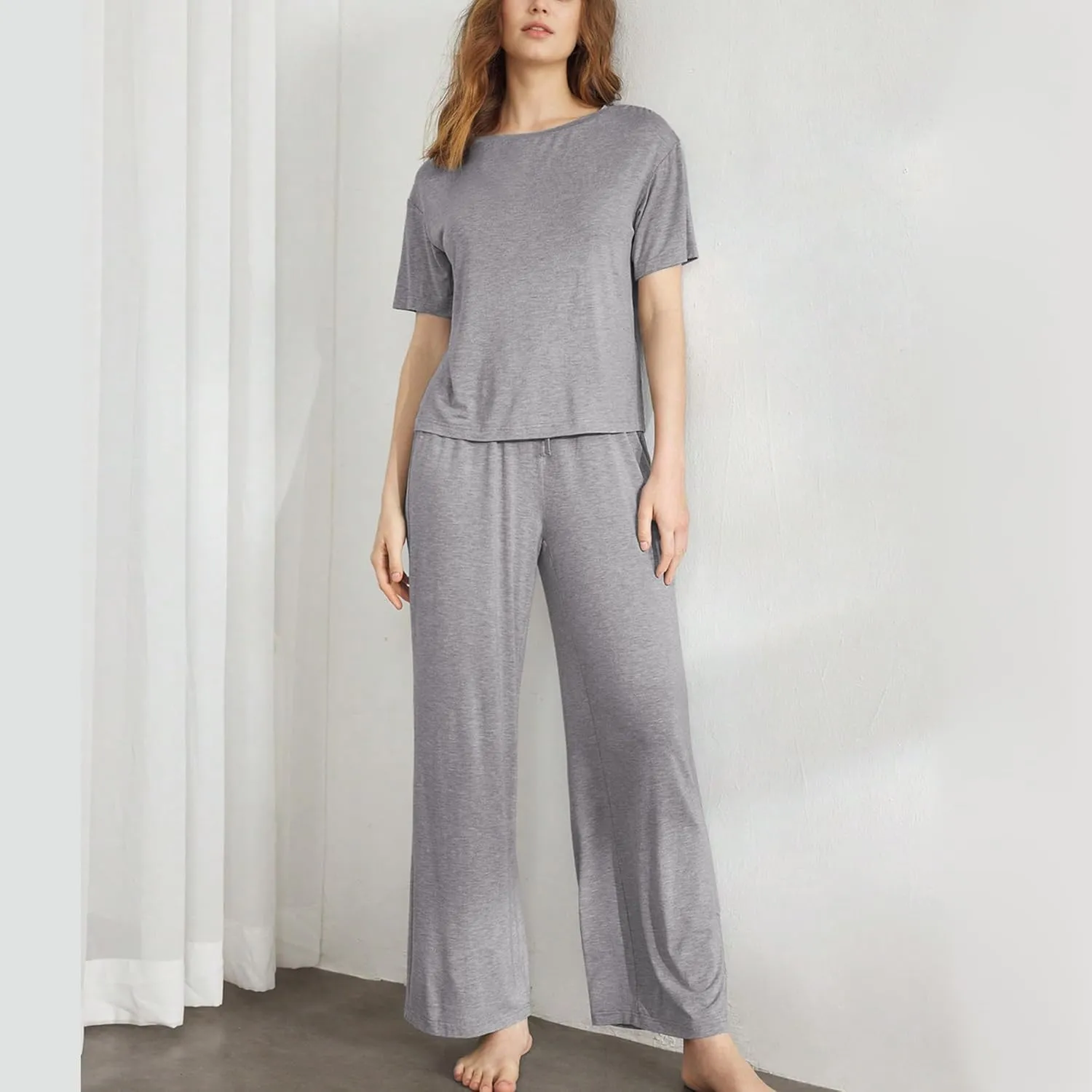Slouchy Pajamas for Women Set Short Sleeve Tops Wide Leg Pants Comfy Two Piece Sets Loungewear Sleepwear