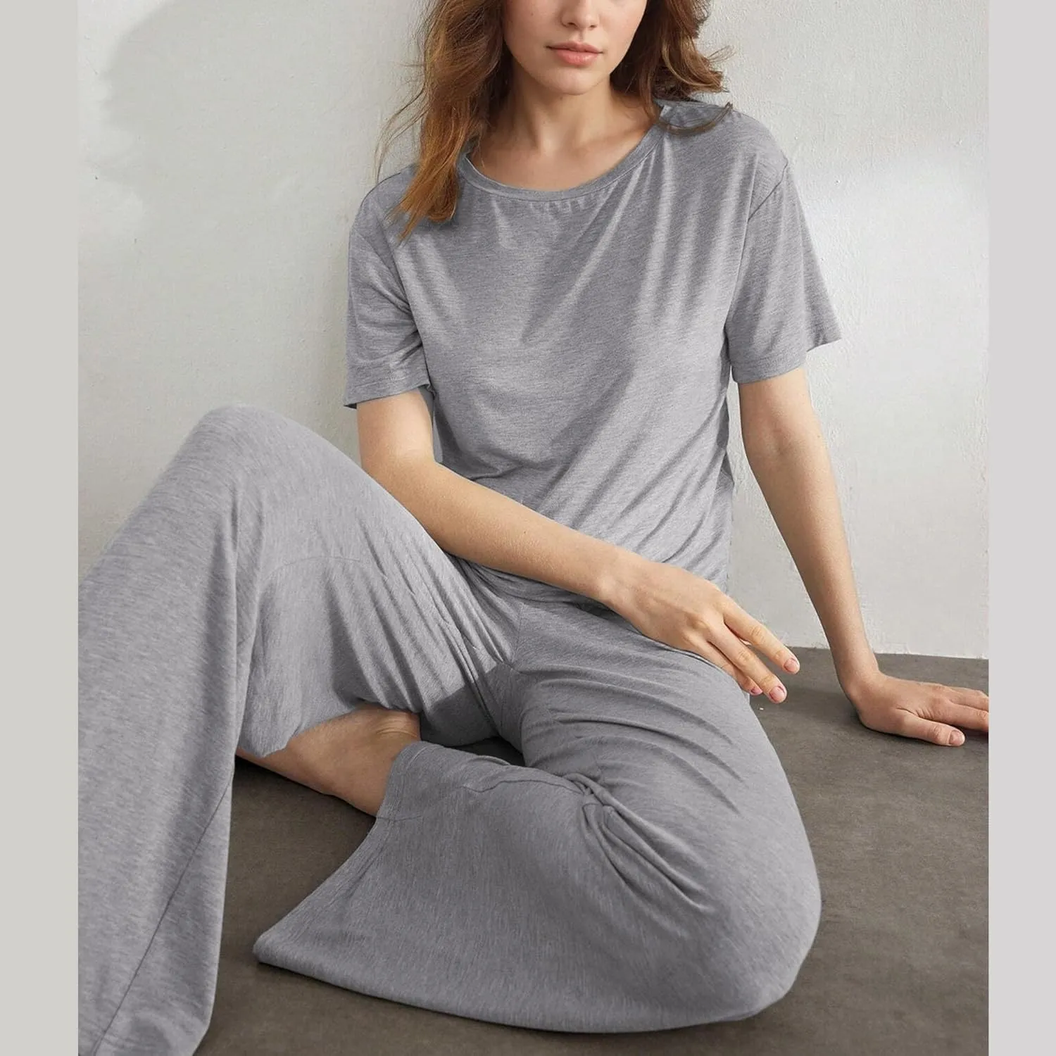 Slouchy Pajamas for Women Set Short Sleeve Tops Wide Leg Pants Comfy Two Piece Sets Loungewear Sleepwear