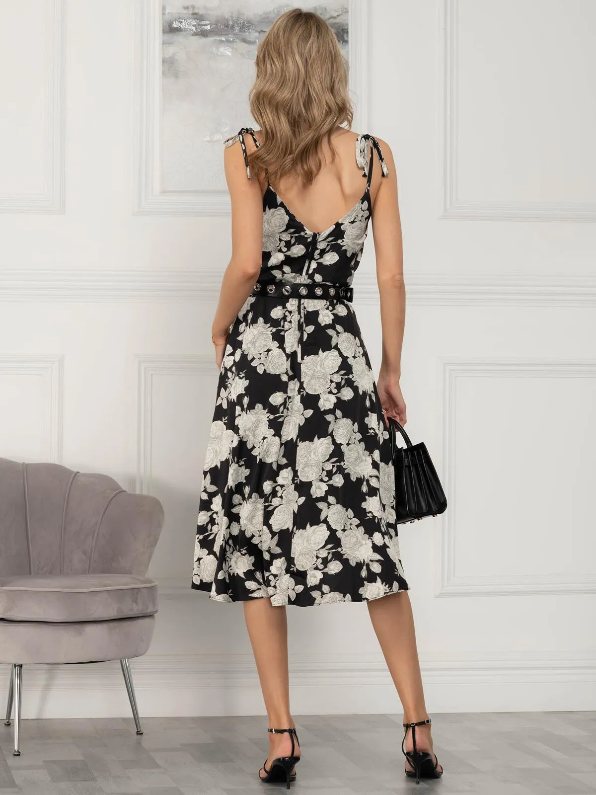 Spaghetti Strap Satin Maxi Dress, Black Floral