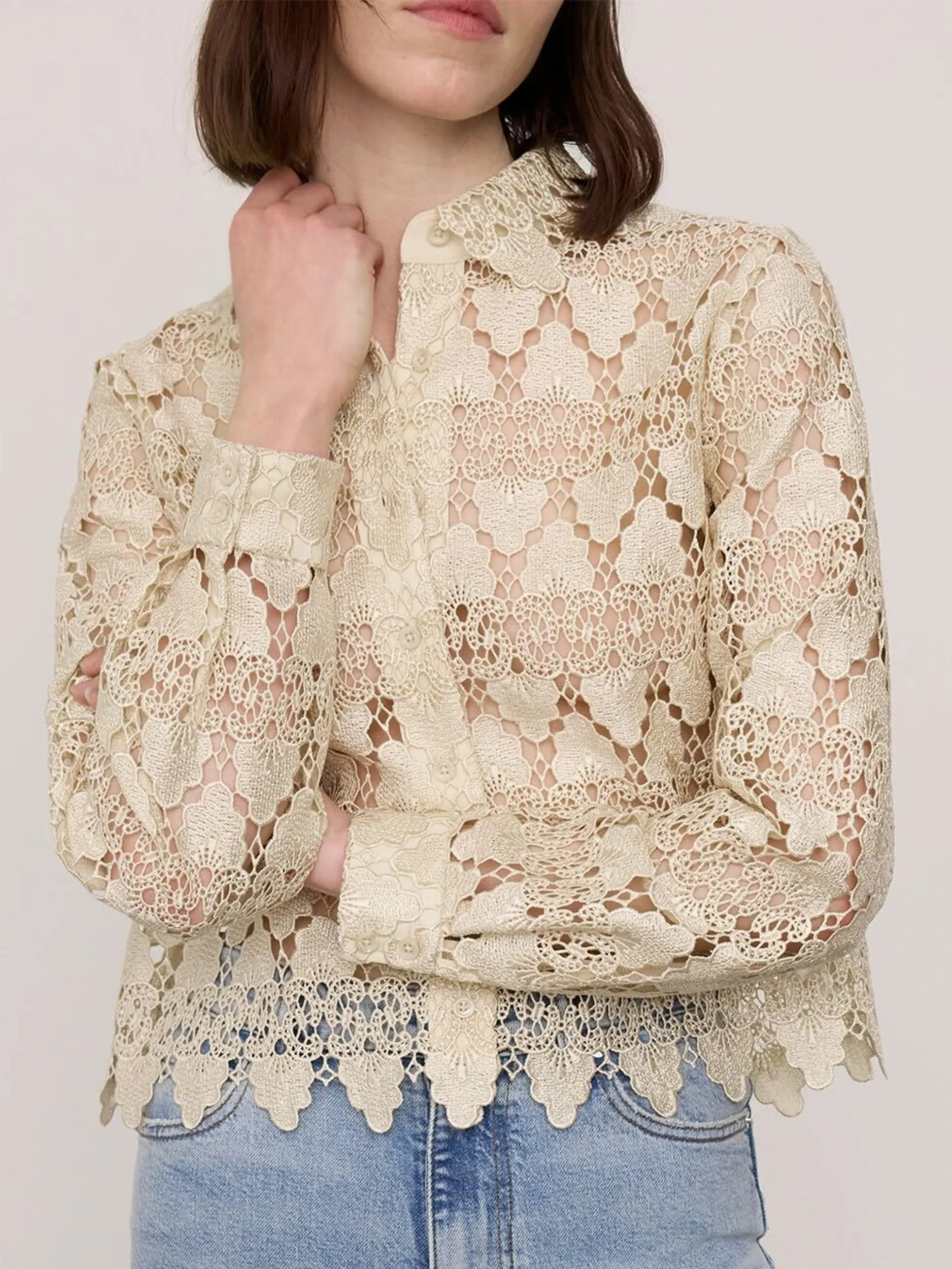 The Lace Button Up Shirt -- Ecru