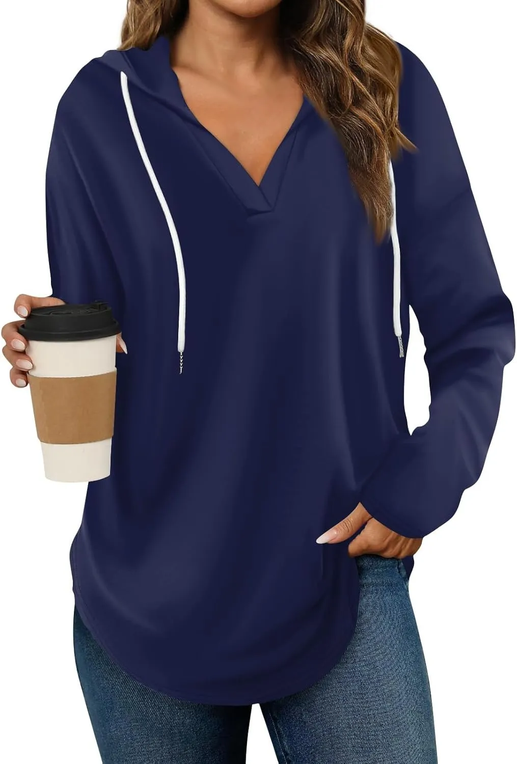 Trendy Hoodie for Women 2024 V Neck Sweatshirt Oversized Long Sleeve Pullover Outfit Drawstring Casual Outwear