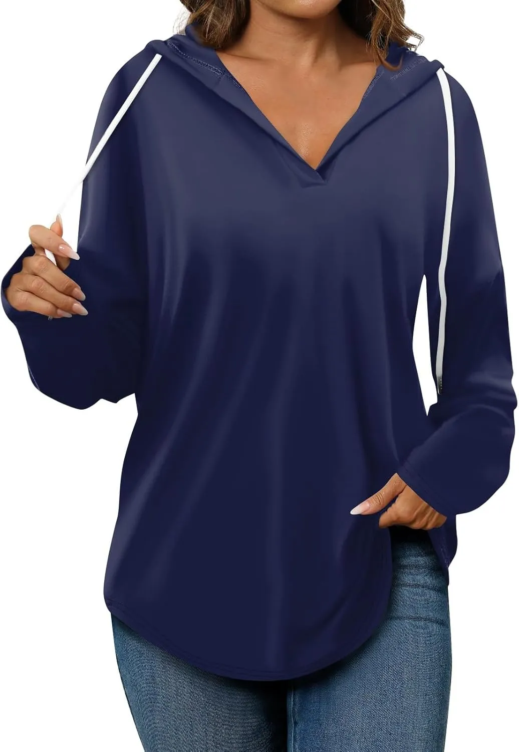 Trendy Hoodie for Women 2024 V Neck Sweatshirt Oversized Long Sleeve Pullover Outfit Drawstring Casual Outwear
