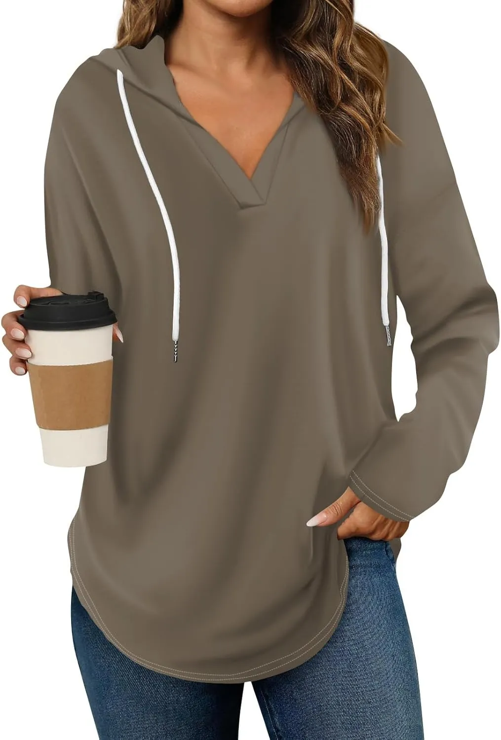 Trendy Hoodie for Women 2024 V Neck Sweatshirt Oversized Long Sleeve Pullover Outfit Drawstring Casual Outwear