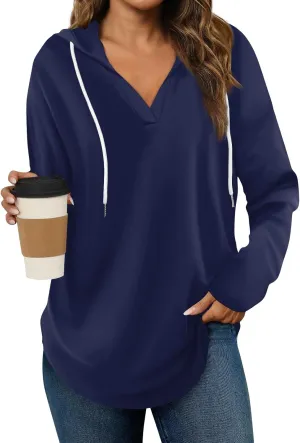 Trendy Hoodie for Women 2024 V Neck Sweatshirt Oversized Long Sleeve Pullover Outfit Drawstring Casual Outwear
