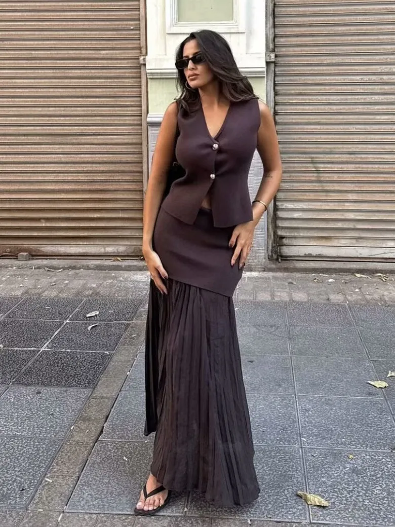 V-neck Button Knitted Vest & Pleated Skirt Set