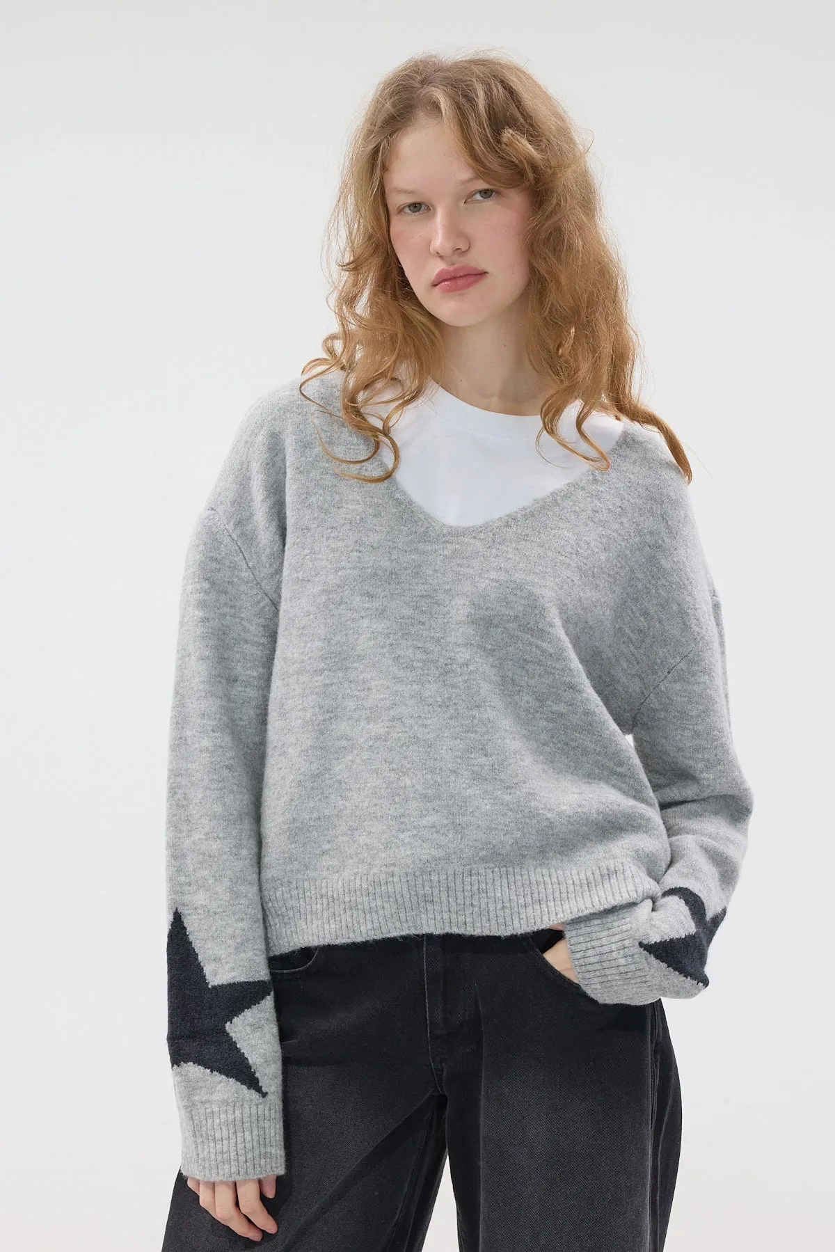 V-Neck Sleeves Star Pattern Knitwear Sweater