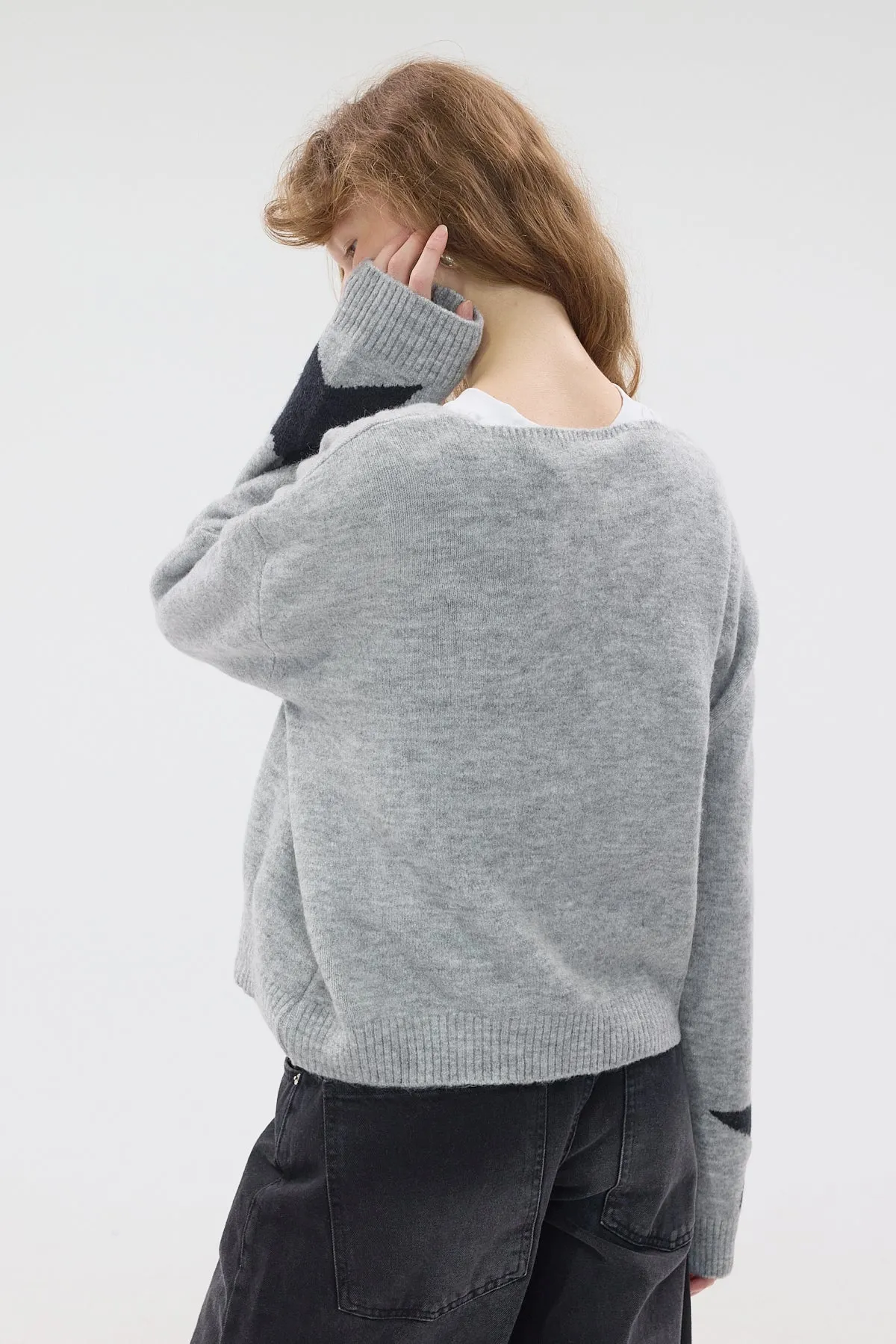 V-Neck Sleeves Star Pattern Knitwear Sweater