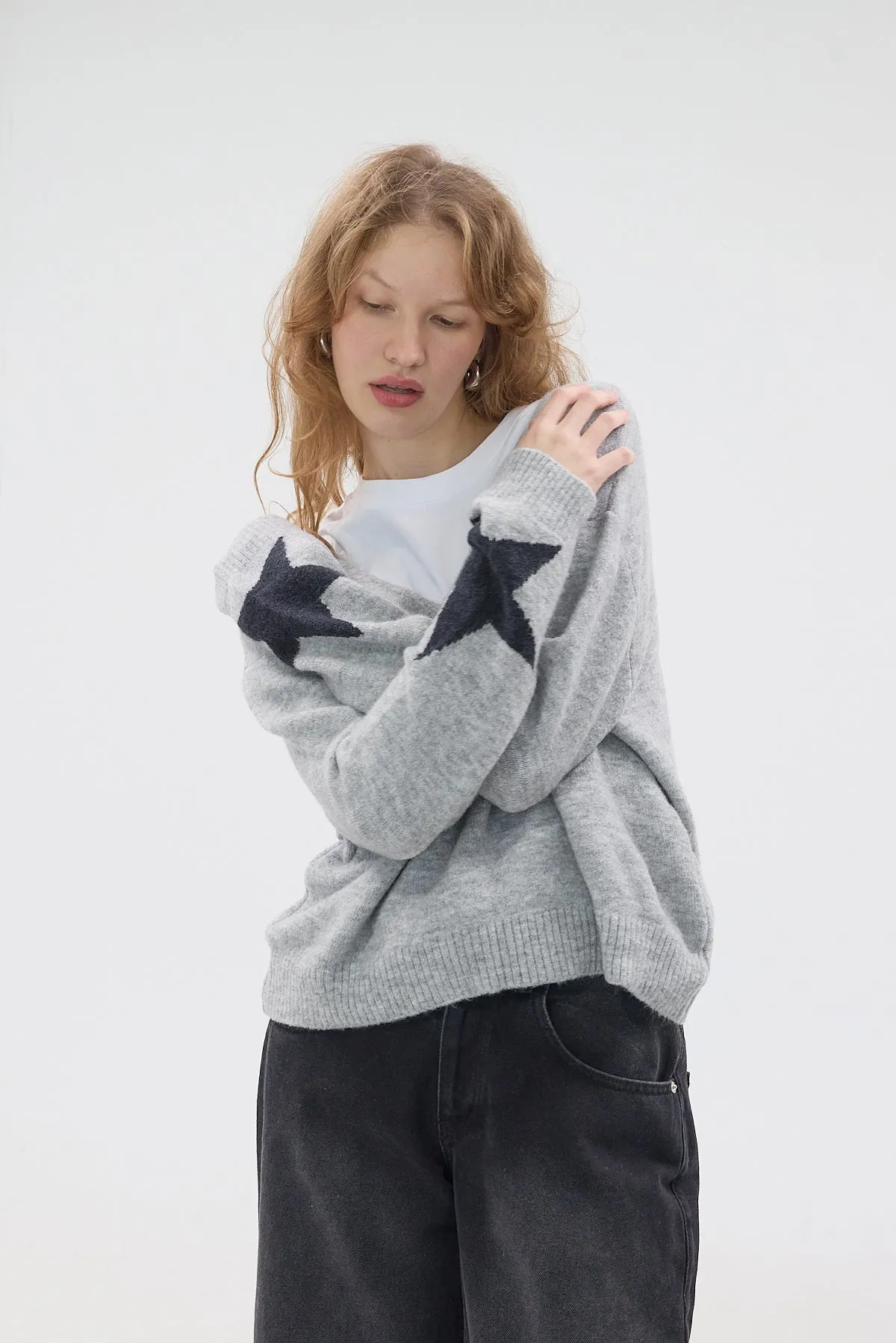 V-Neck Sleeves Star Pattern Knitwear Sweater