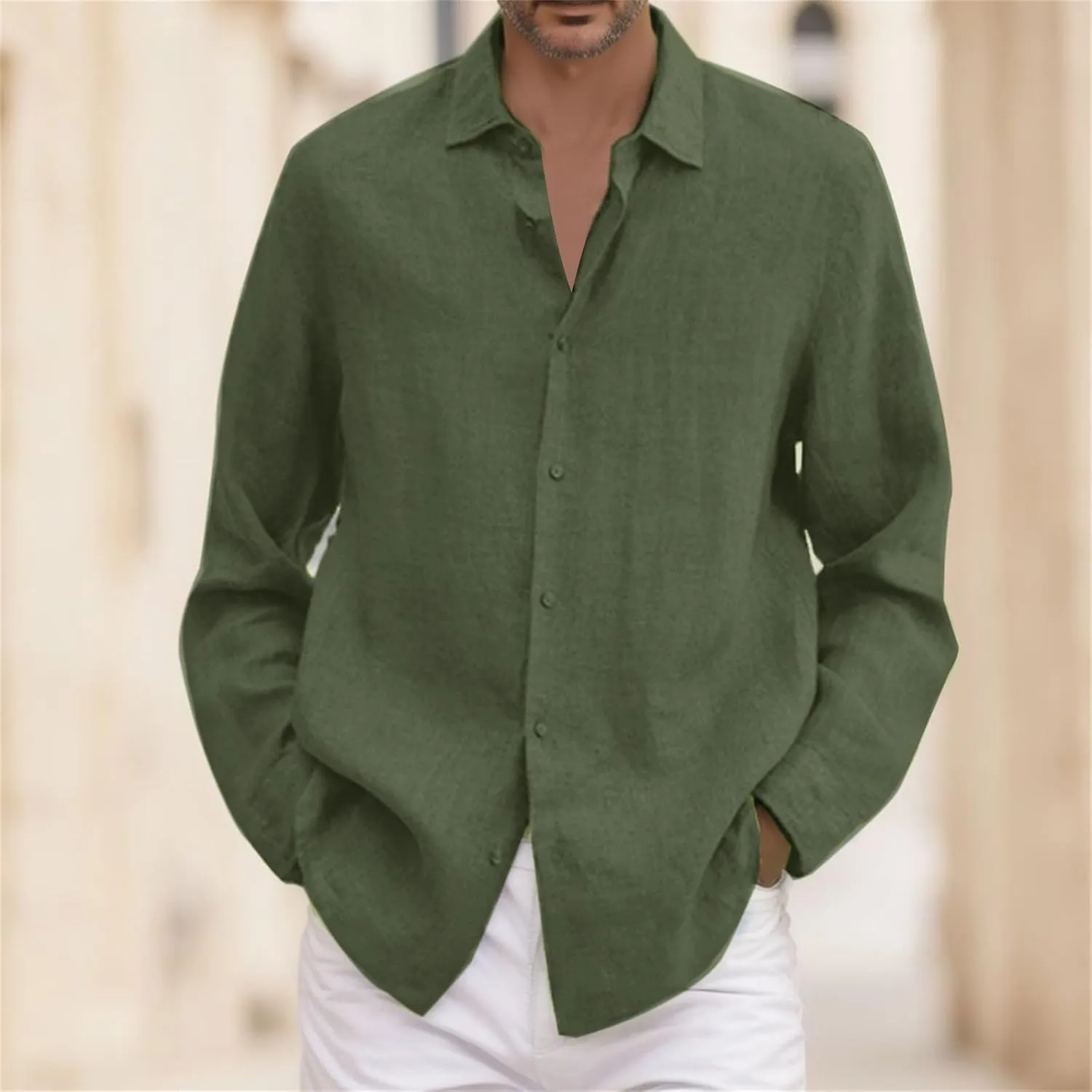 Vickyleb Button Down Linen Dress Shirts for Men Casual Long Sleeve Solid Color Regular Fit Cotton Beach Summer Shirts
