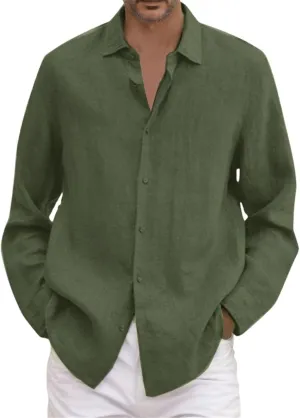 Vickyleb Button Down Linen Dress Shirts for Men Casual Long Sleeve Solid Color Regular Fit Cotton Beach Summer Shirts