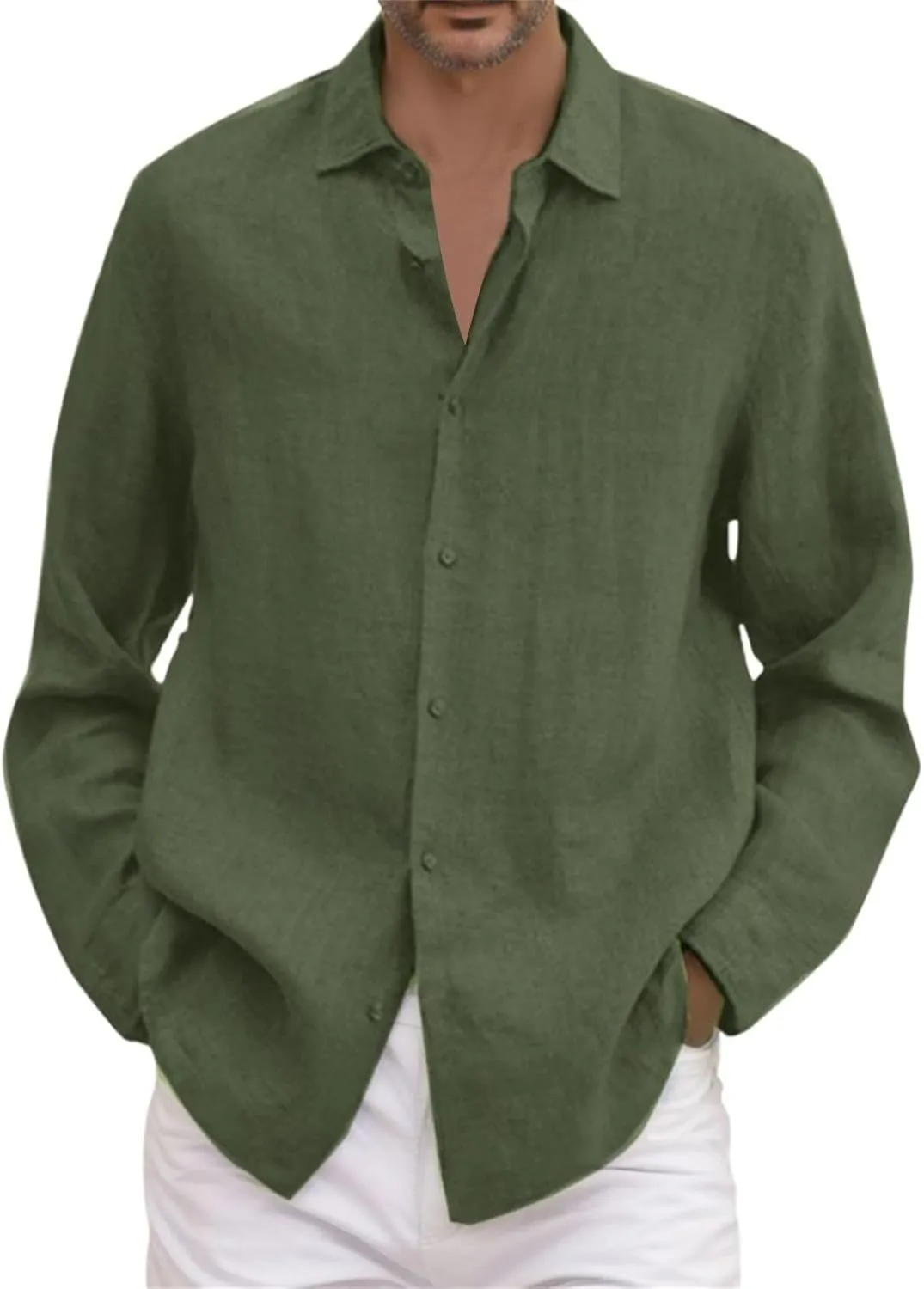 Vickyleb Button Down Linen Dress Shirts for Men Casual Long Sleeve Solid Color Regular Fit Cotton Beach Summer Shirts