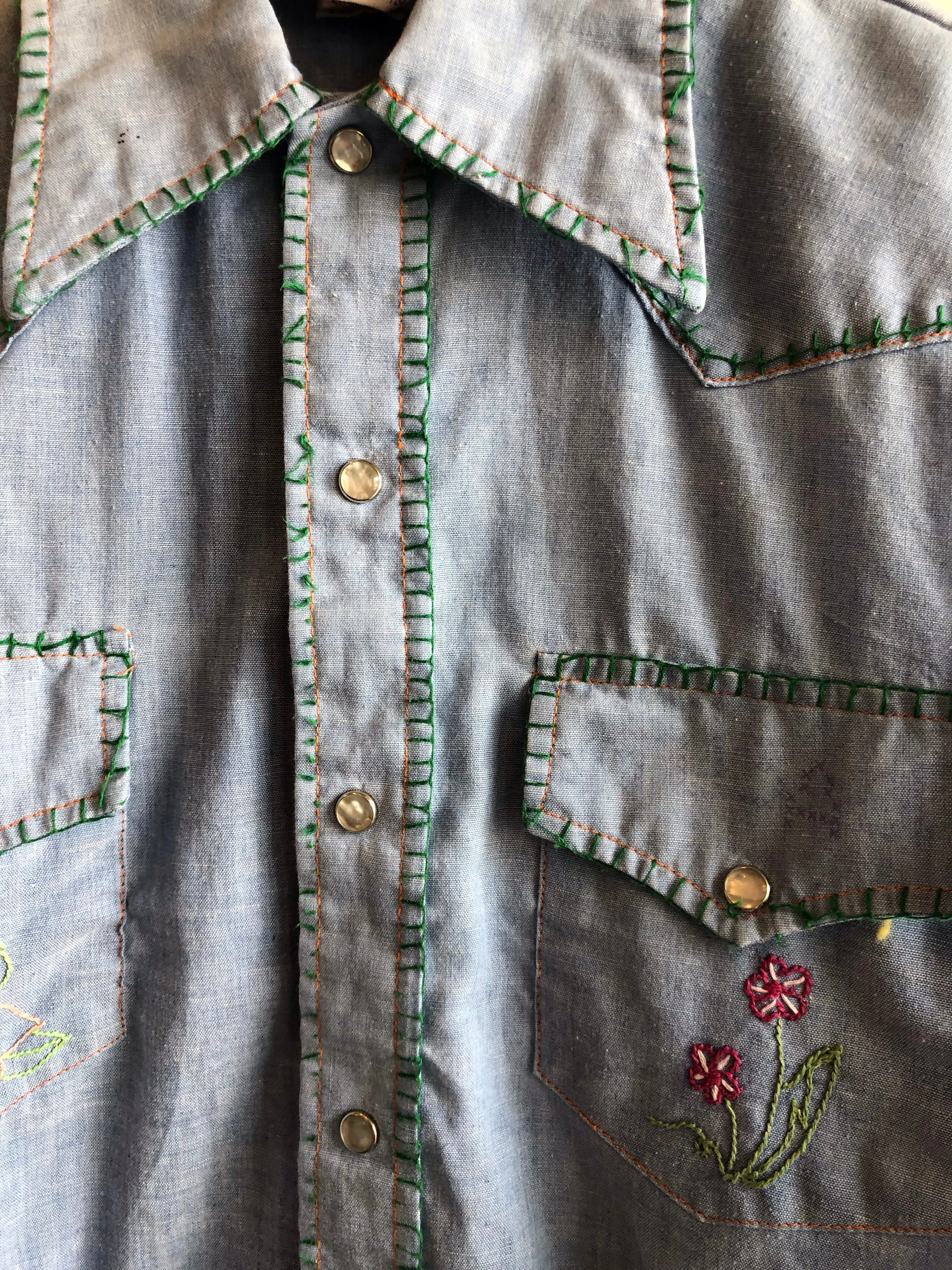 Vintage 1970s Embroidered Chambray Button-Up Shirt