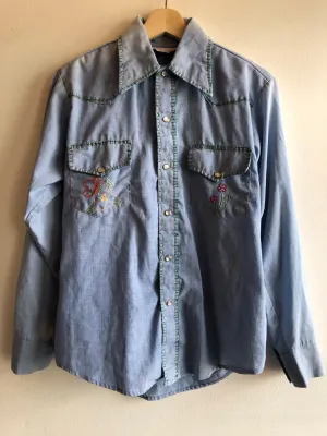 Vintage 1970s Embroidered Chambray Button-Up Shirt