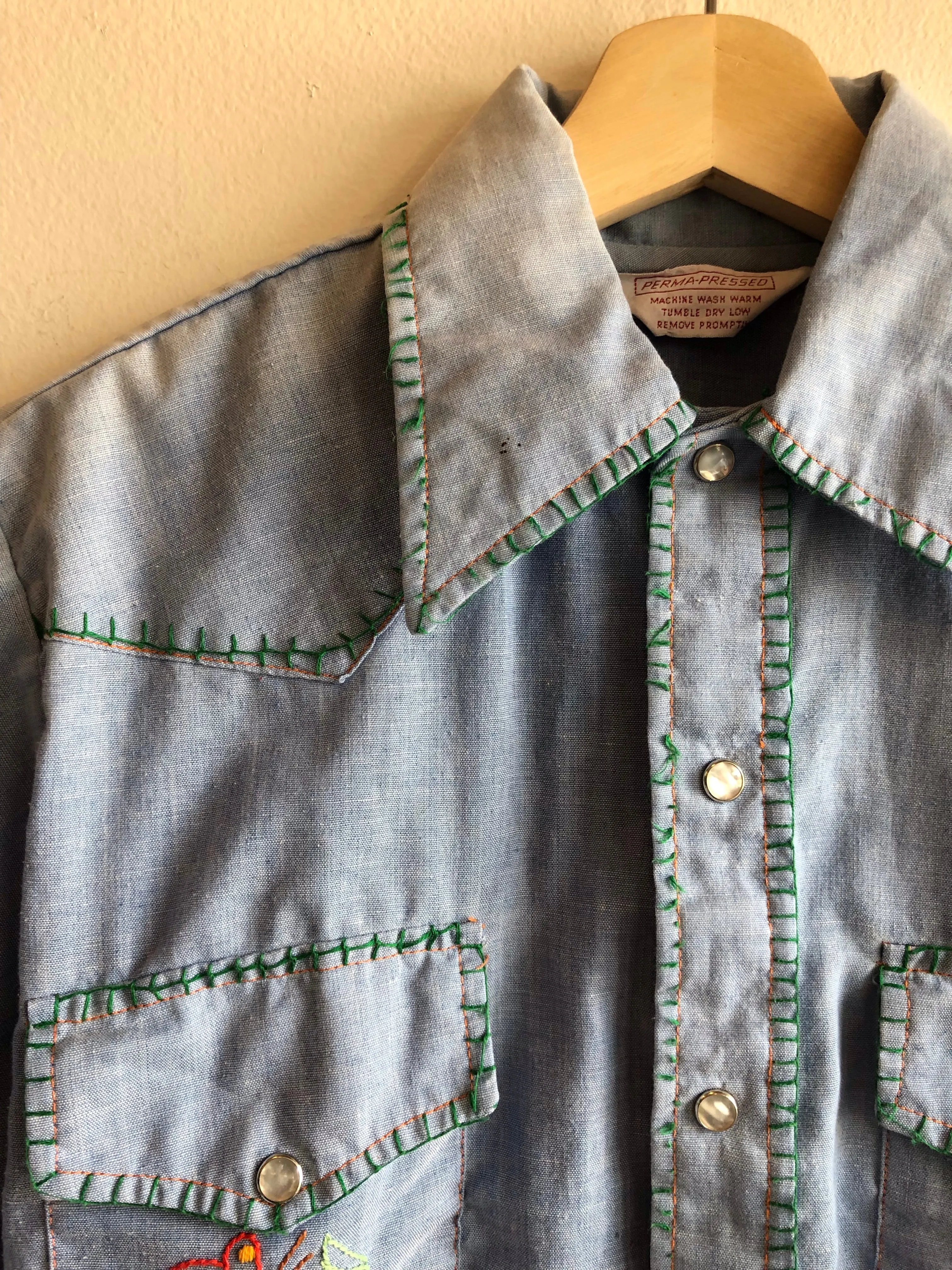 Vintage 1970s Embroidered Chambray Button-Up Shirt