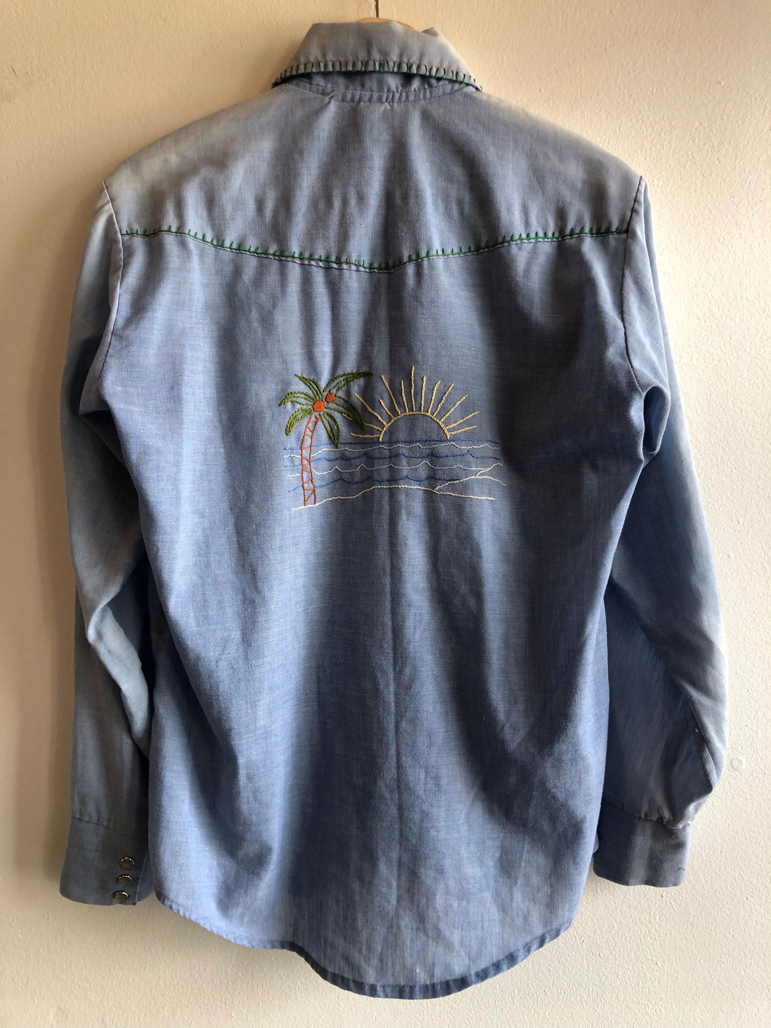 Vintage 1970s Embroidered Chambray Button-Up Shirt