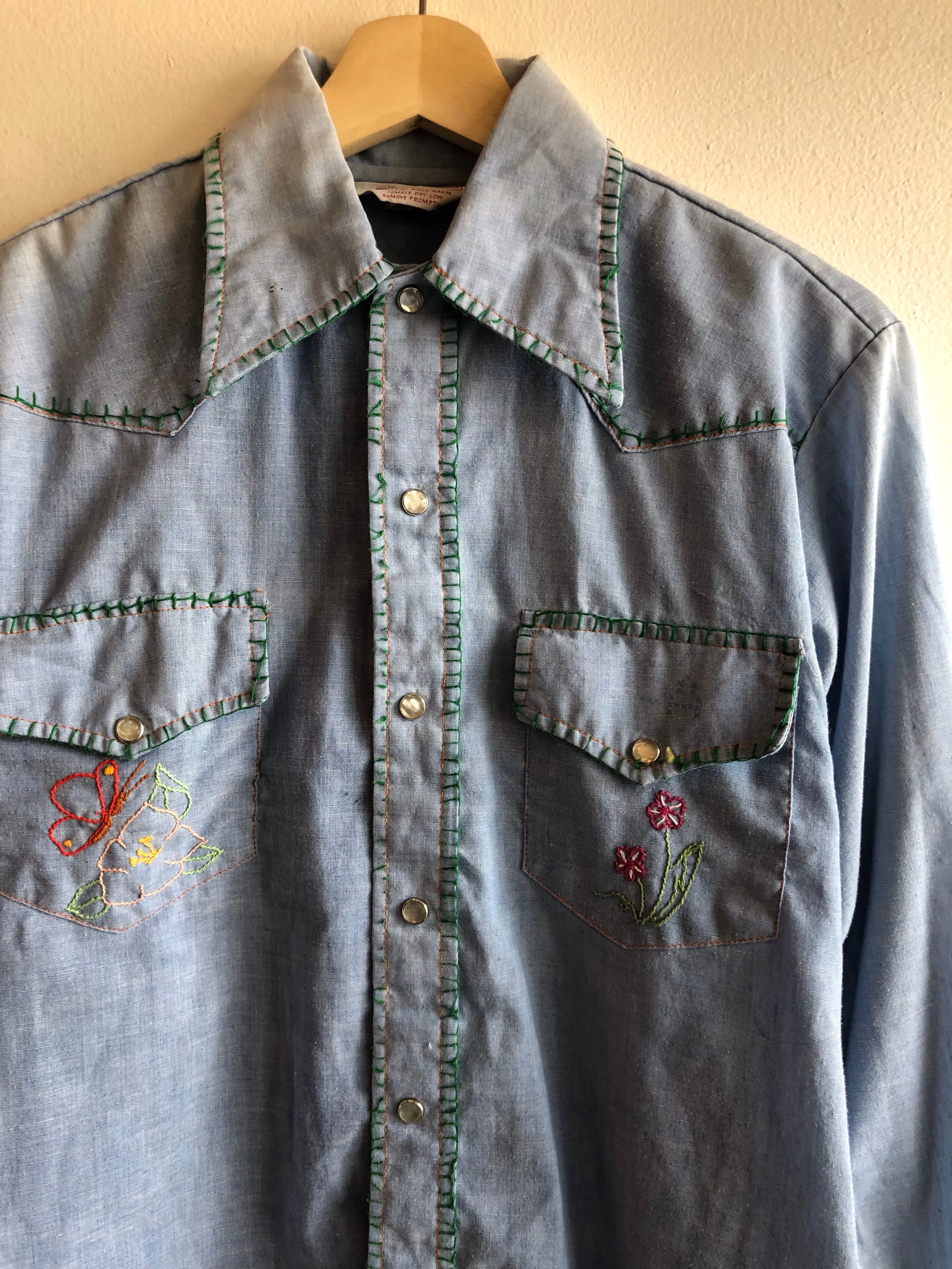 Vintage 1970s Embroidered Chambray Button-Up Shirt