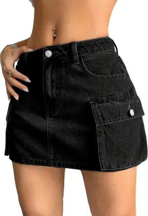 WDIRARA Women's Low Waist Cargo Denim Skirt Flap Pockets Button Bodycon Mini Skirts Y2K