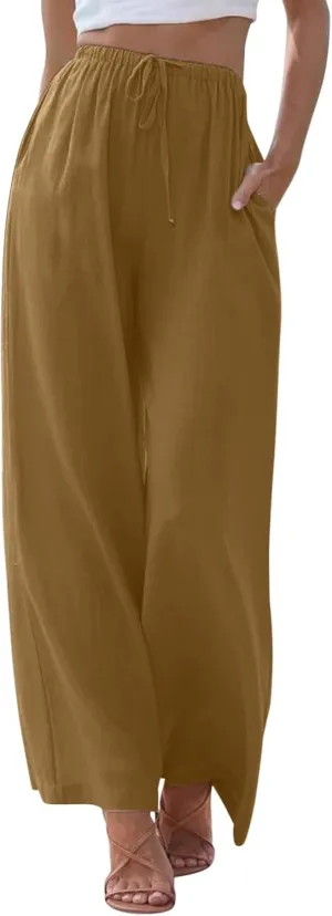 Wide Leg Linen Pants for Women Summer Flowy High Waisted Beach Palazzo Trousers Elastic Waist Casual Flowy Pants
