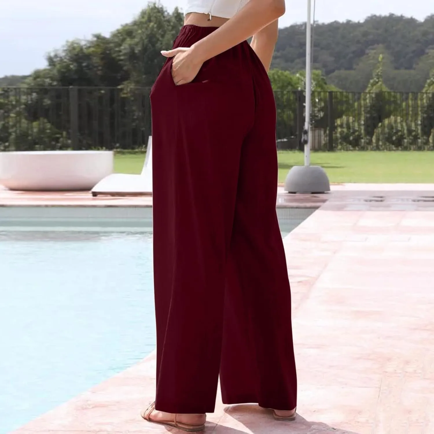 Wide Leg Linen Pants for Women Summer Flowy High Waisted Beach Palazzo Trousers Elastic Waist Casual Flowy Pants