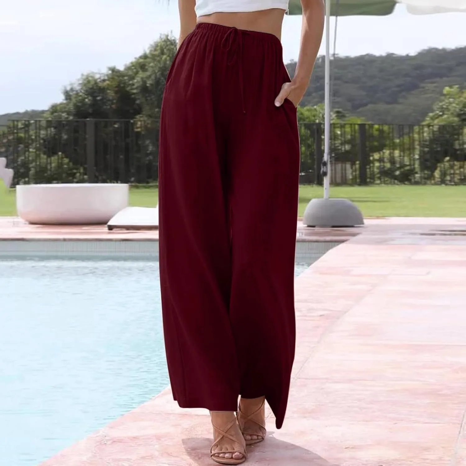 Wide Leg Linen Pants for Women Summer Flowy High Waisted Beach Palazzo Trousers Elastic Waist Casual Flowy Pants
