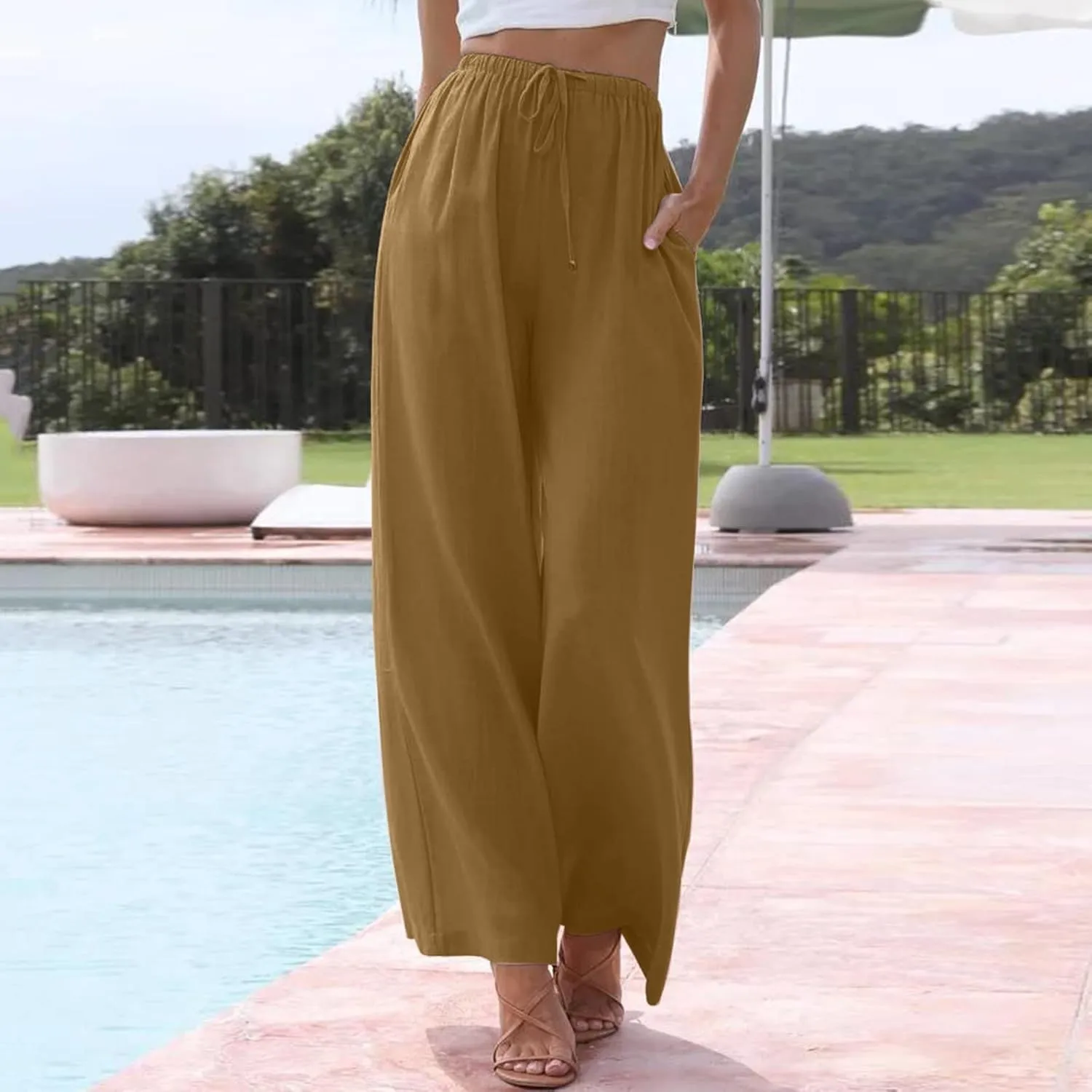 Wide Leg Linen Pants for Women Summer Flowy High Waisted Beach Palazzo Trousers Elastic Waist Casual Flowy Pants